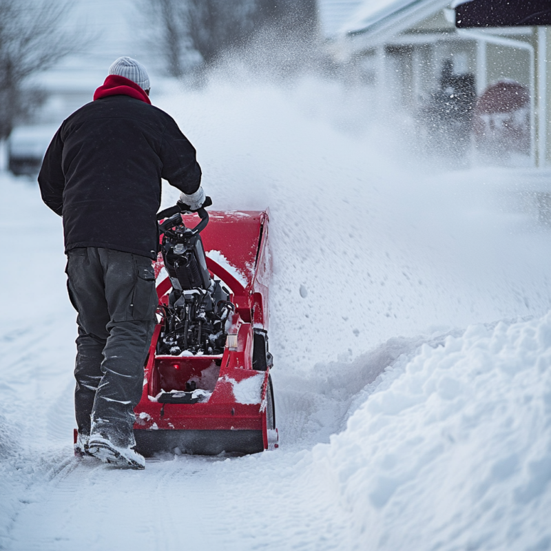 Mitarbeiter schiebt Schnee