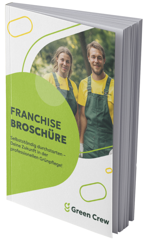 Mock-up einer ‚Franchise Broschüre‘ mit Foto von zwei Gärtnern in Arbeitskleidung auf dem Cover.