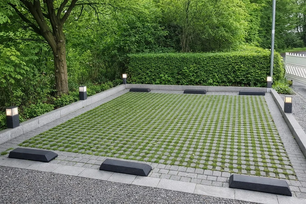 Außenanlage mit Pflaster, niedrigen Leuchten und einer Hecke
