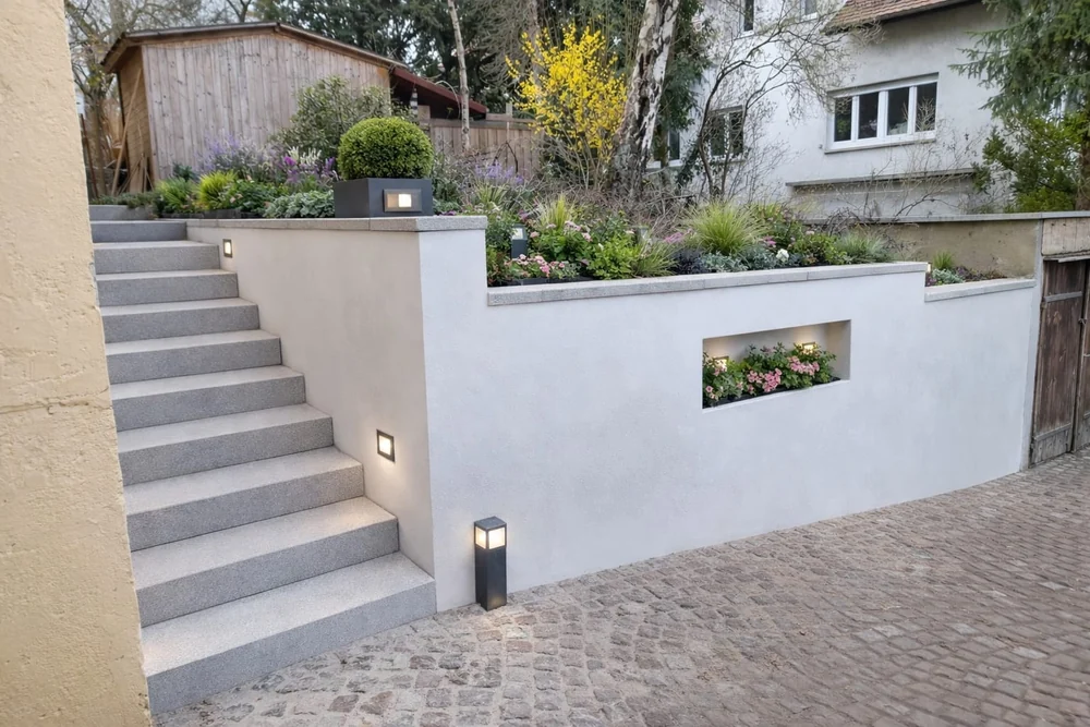 Außentreppe mit heller Einfassung, Leuchten und bepflanzten Beeten