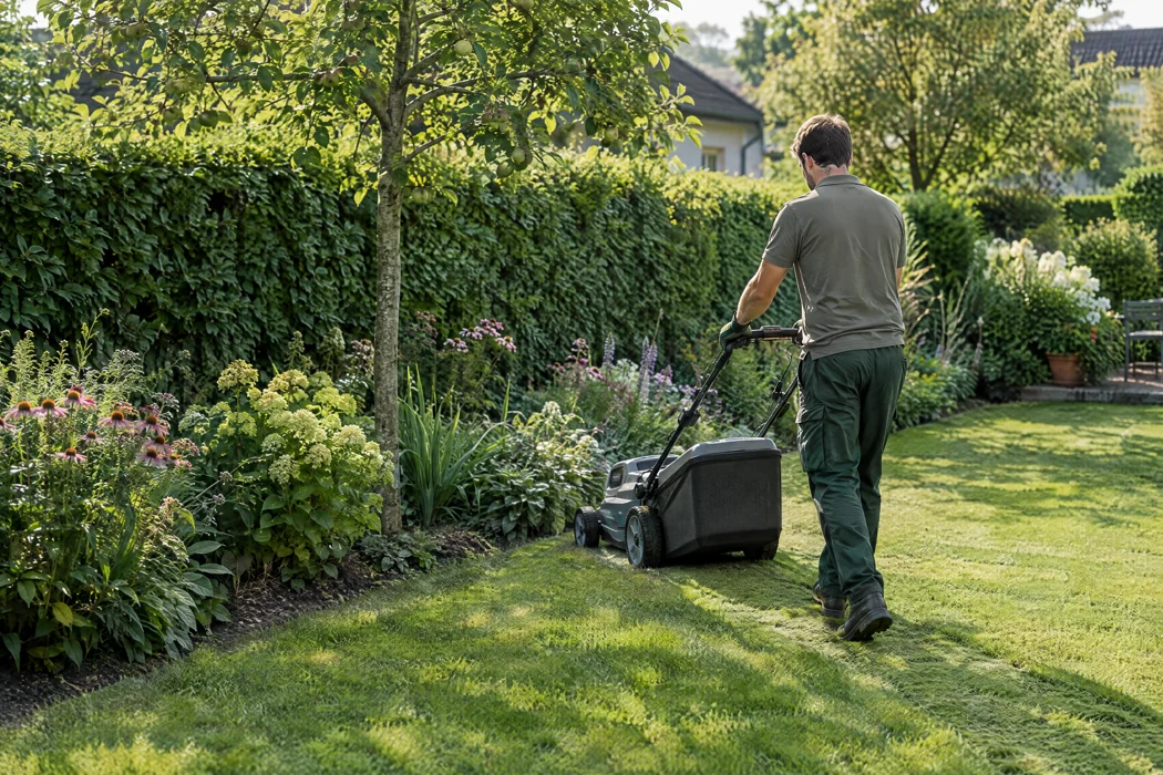 KI-Visualisierung: Ein Mann mäht den Rasen in einem gepflegten Garten