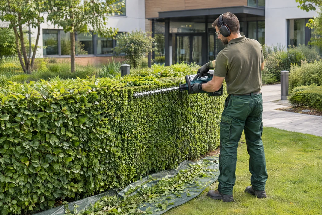 KI-Visualisierung: Ein Mann schneidet eine Hecke mit einer Akku-Heckenschere KI-Visualisierung: Ein Mann schneidet eine Hecke mit einer Akku-Heckenschere